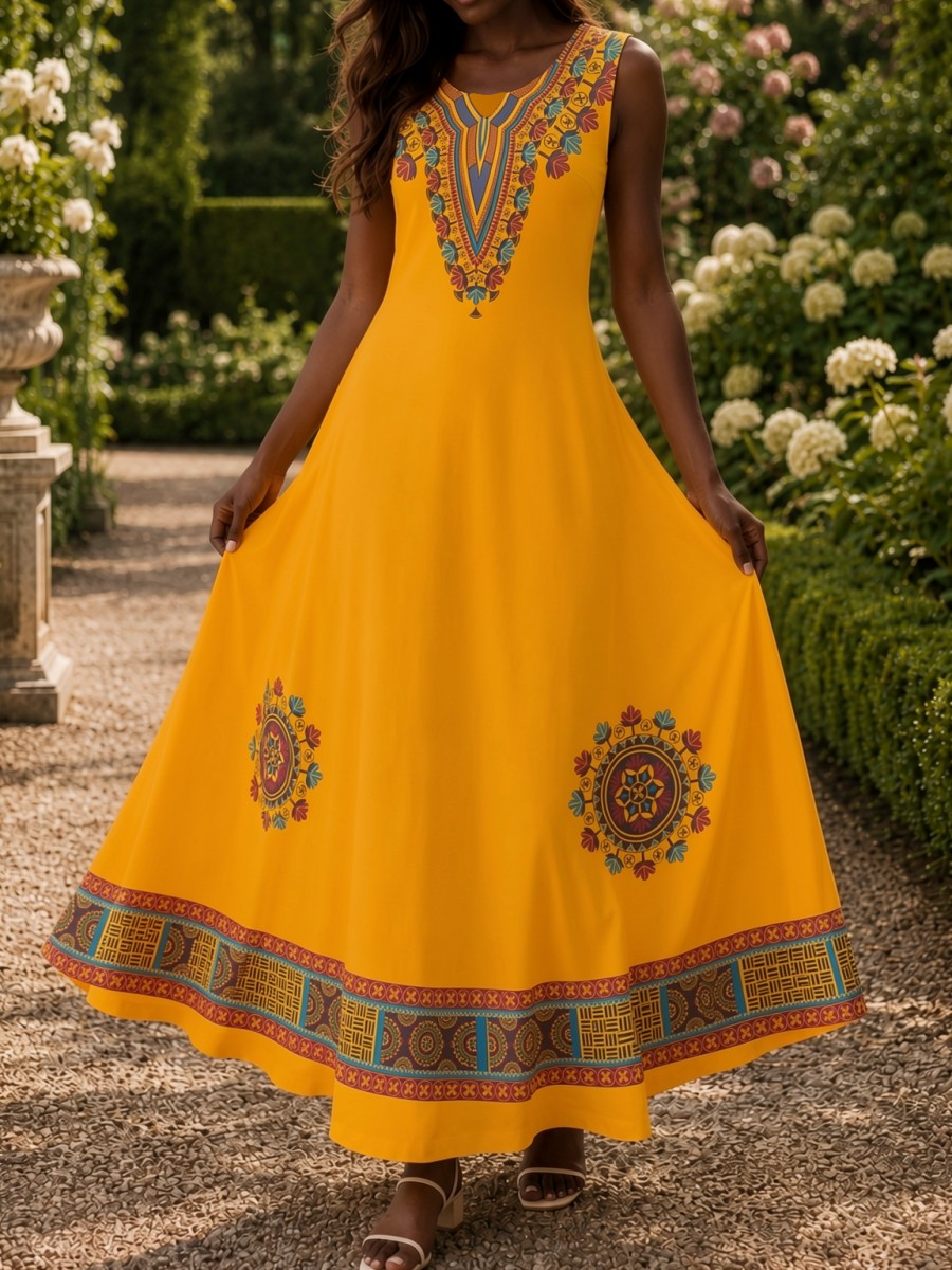 Ethnic Boho Fashion - Women's African Print Maxi Dress Sleeveless