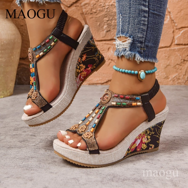 Boho Beaded Floral Wedge Sanda - Ethnic Boho Fashion 评论和价格