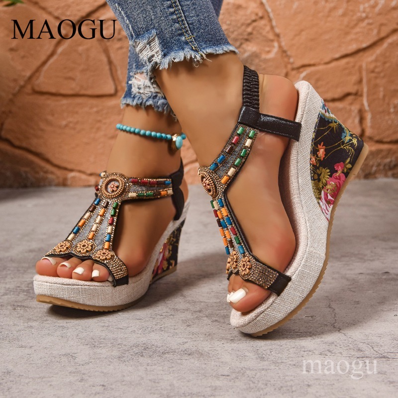 Boho Beaded Floral Wedge Sanda - Ethnic Boho Fashion 评论和价格