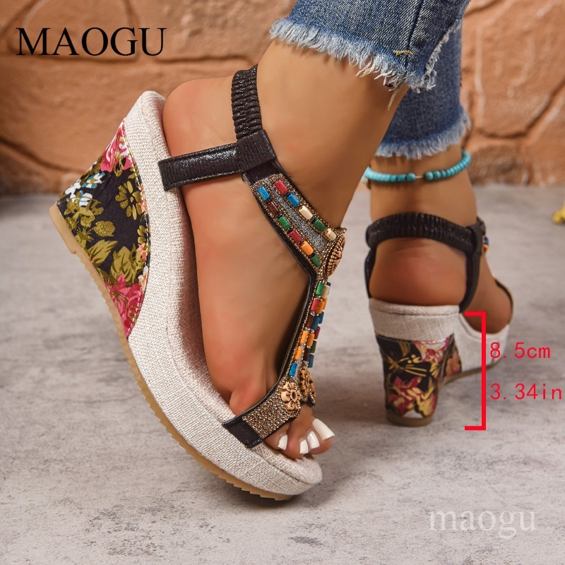 Boho Beaded Floral Wedge Sanda - Ethnic Boho Fashion 评论和价格